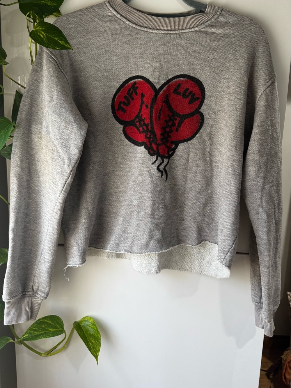 Grey Crewneck Sweater with Red Boxing Glove Graphic